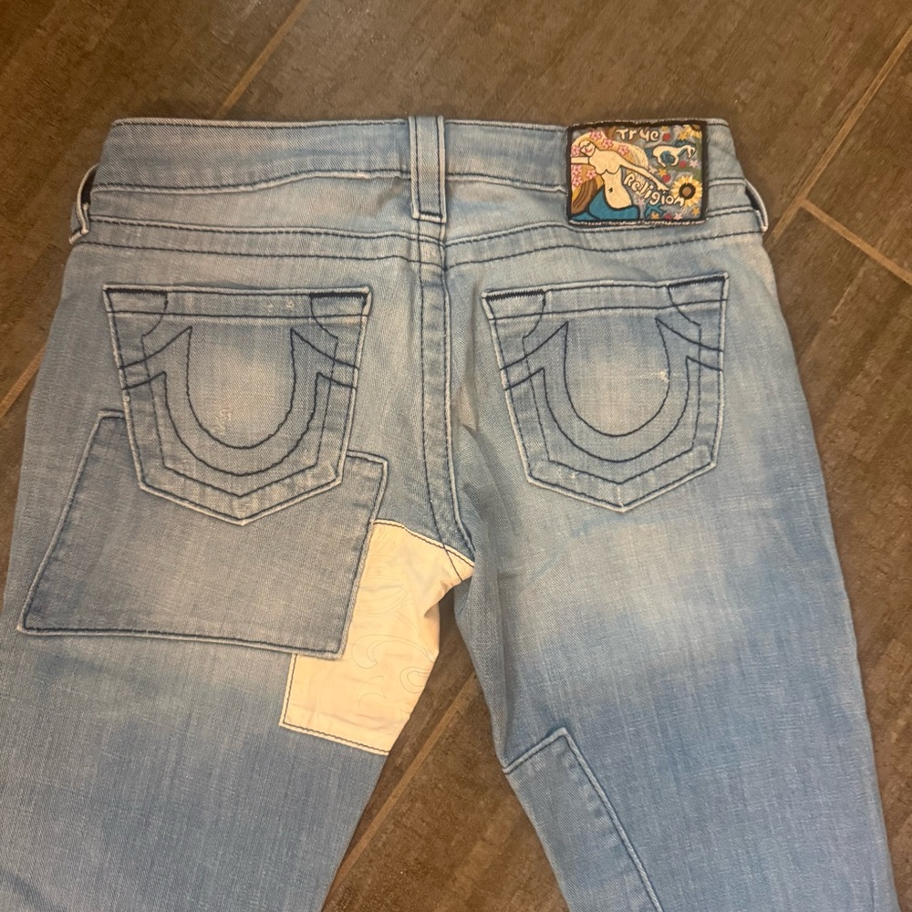 True Religion Light Blue Patchwork Flare Jeans with Cream Floral Details - Picture 12 of 13